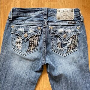 Miss Me Distressed Mid Rise Skinny Jean Sequin Embellished Pockets Western Bling